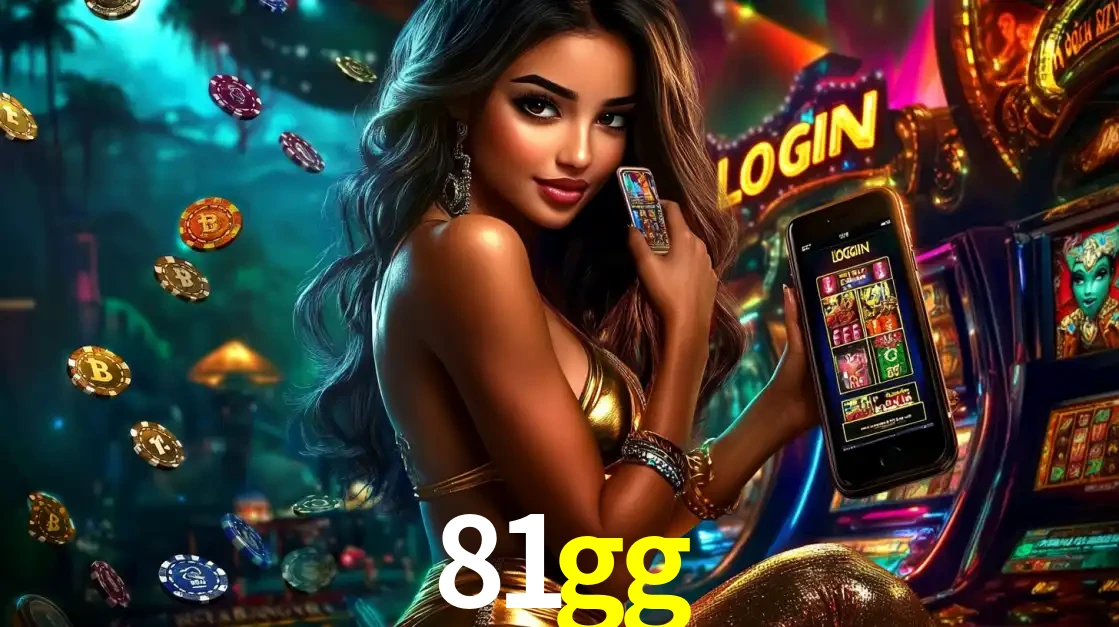 Mulher em um cenário de cassino temático de aventura, mostrando o app de caça-níqueis da 81gg no celular. Fichas de apostas flutuam ao redor.